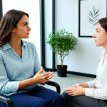 Seeking Professional Help**

*   A woman in a modest blouse and slacks, sitting on a comfortable chair in a bright, modern office. She is talking to a therapist (a kind-looking woman in professional attire) with a concerned yet hopeful expression. The office has plants and calming artwork.
*   Keywords: "safe for work", "appropriate content", "fully clothed", "professional", "modest", "therapy session", "counseling", "well-lit", "perfect anatomy", "natural proportions", "family-friendly".

**