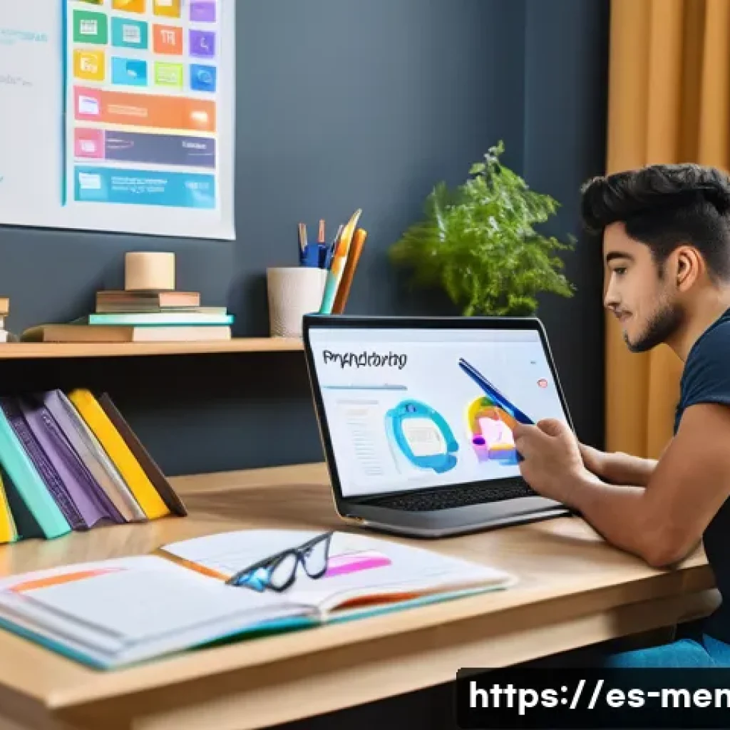 정신건강 자격증 취득을 위한 준비 사항 - A modern study room scene featuring a young adult Hispanic psychology student surrounded by digital ...