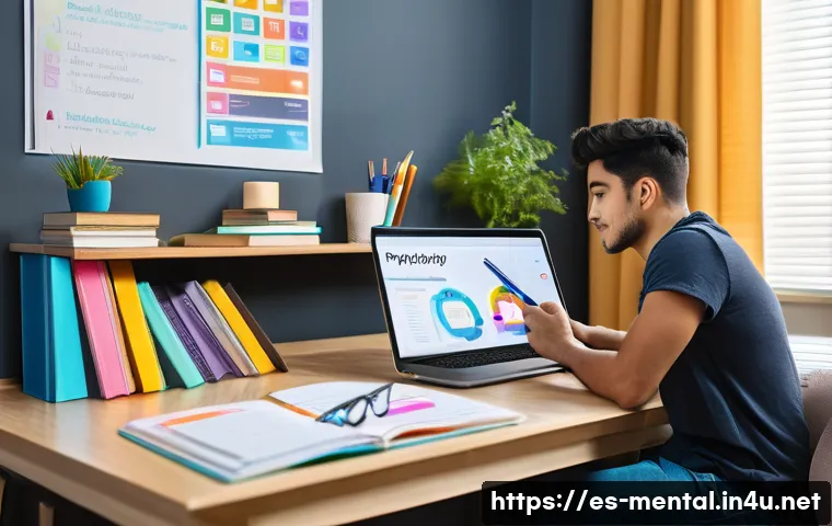 정신건강 자격증 취득을 위한 준비 사항 - A modern study room scene featuring a young adult Hispanic psychology student surrounded by digital ...