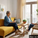 정신건강 상담사 직무별 역할과 책임 - A warm, inviting therapy room in a modern Spanish apartment, with soft natural light filtering throu...