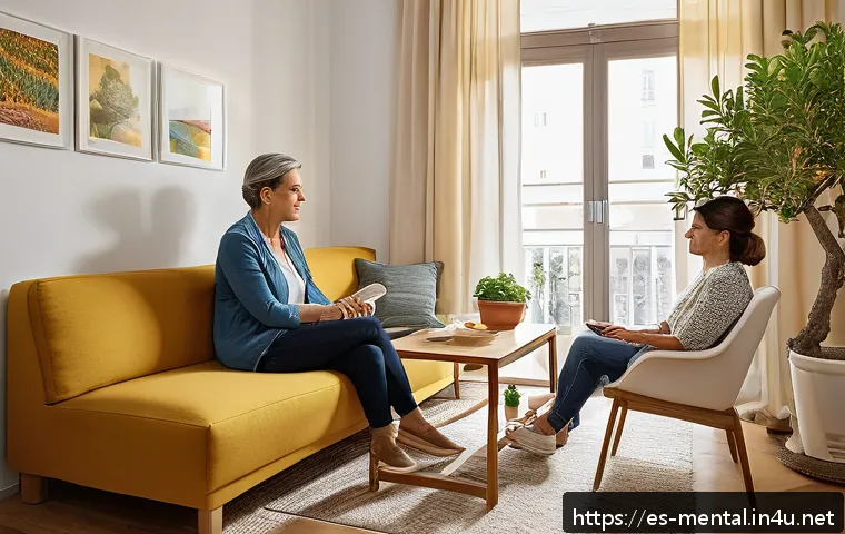 정신건강 상담사 직무별 역할과 책임 - A warm, inviting therapy room in a modern Spanish apartment, with soft natural light filtering throu...