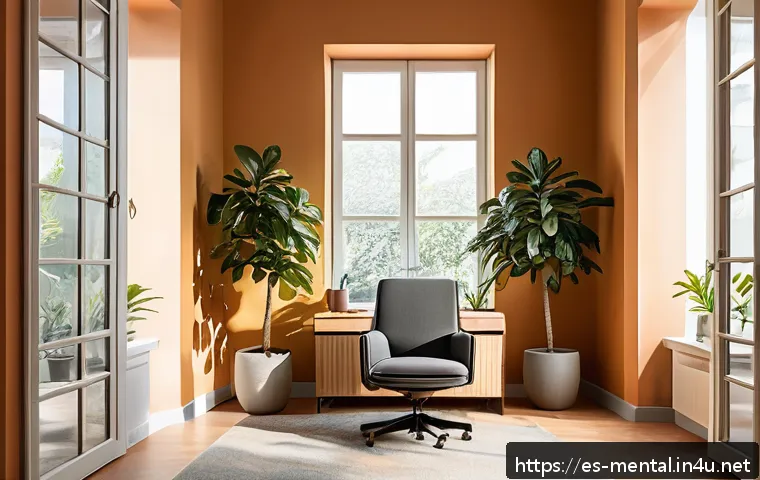 정신건강 상담사 업무일기 - A calm and welcoming therapy office in the morning light, with soft natural illumination filtering t...